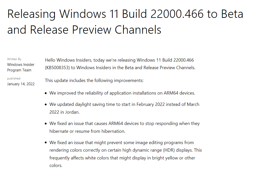 微软 Win11 Build 22000.466 预览版发布：修复大量问题