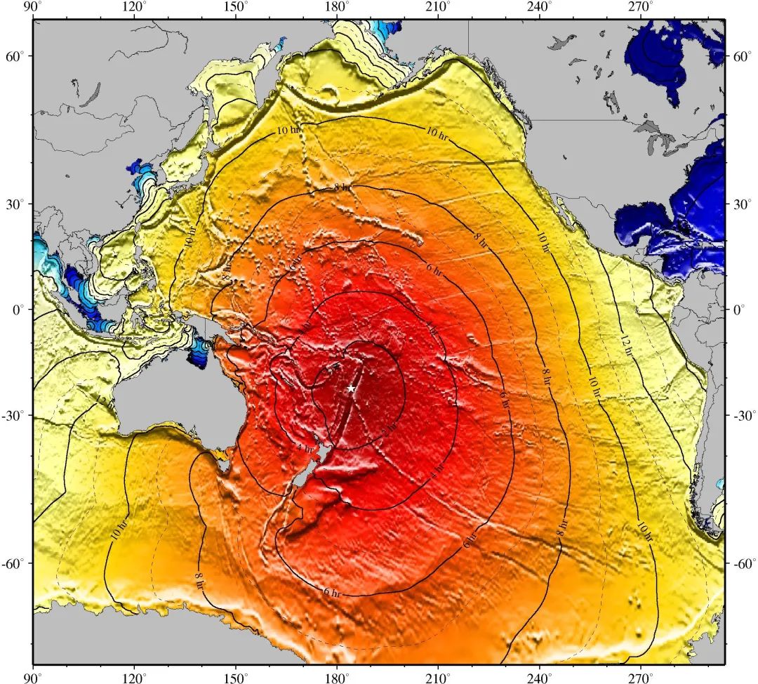 ▲海啸传播时间图。自然资源部海啸预警中心供图