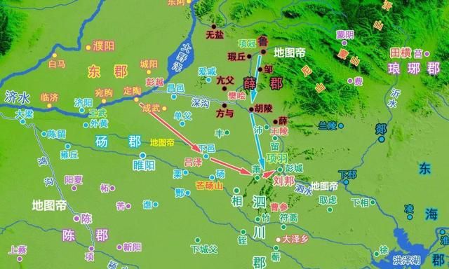 项羽北上攻击齐国,每次都是沿泗水北上到薛郡,水陆并进,撤退回彭城