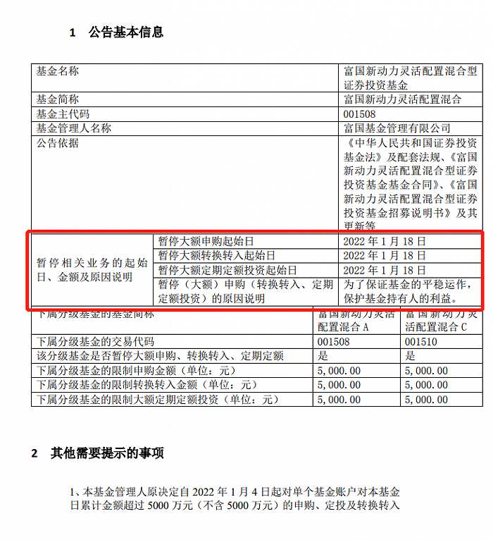 图：富国新动力宣布自1月18日以后单日限购5000元来源：基金公告