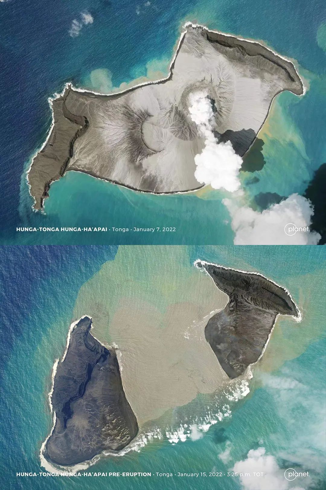 ▲2022年1月7日和2022年1月15日卫星影像。来源：Planet Labs
