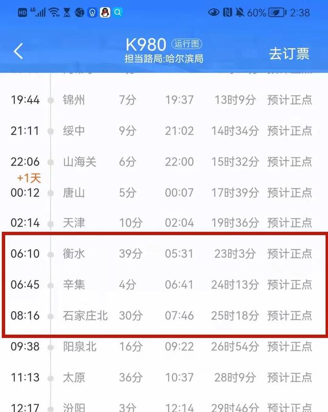 石家庄北等河北多站途经衡水,辛集,从天津出发到太原k980次列车