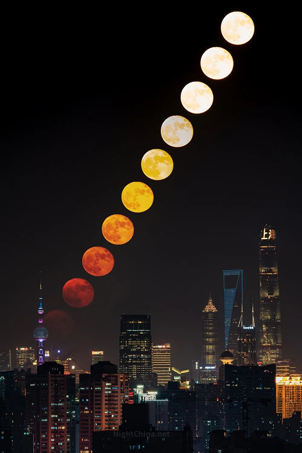 十六的月亮从东方明珠旁缓缓升起夜空中国