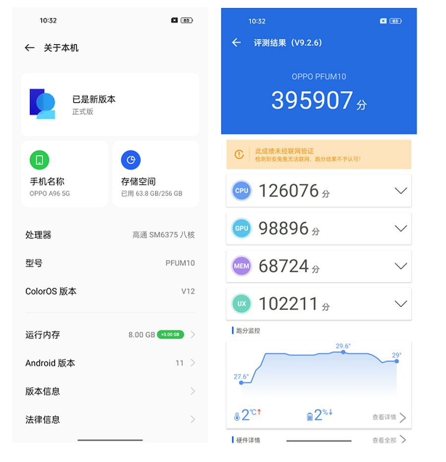 搭载了adreno 619 gpu,通过安兔兔跑分测试我们可以看到,oppo a96的