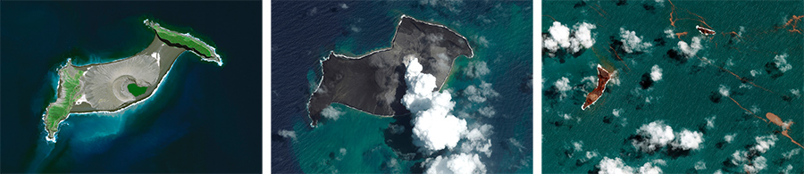 2021年4月10日火山喷发前（左），2022年1月6日火山喷发前（中），2022年1月18日火山喷发后（右）