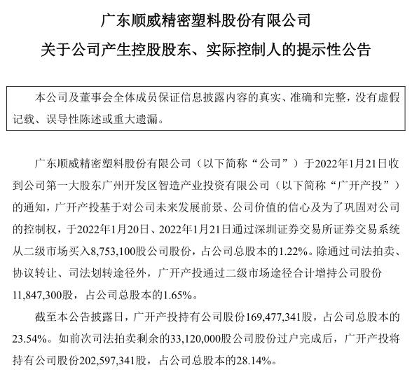 “广开产投已持有23.54%股份 成为顺威股份控股股东