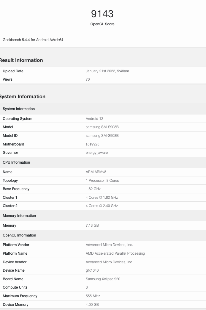 三星 Exynos 2200 现身 Geekbench：Xclipse 920 GPU 跑分曝光