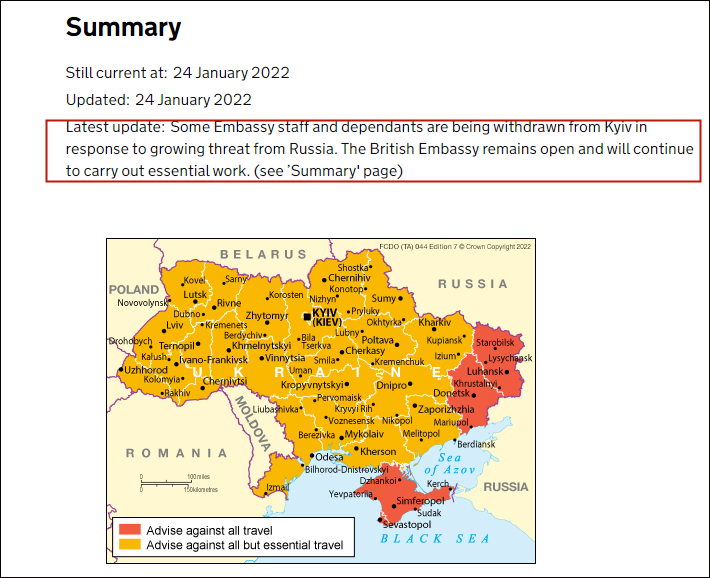 英国外交部：正在撤离驻乌克兰外交人员及家属