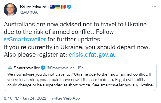 澳大利亚告知仍在乌克兰的公民“立即离开”