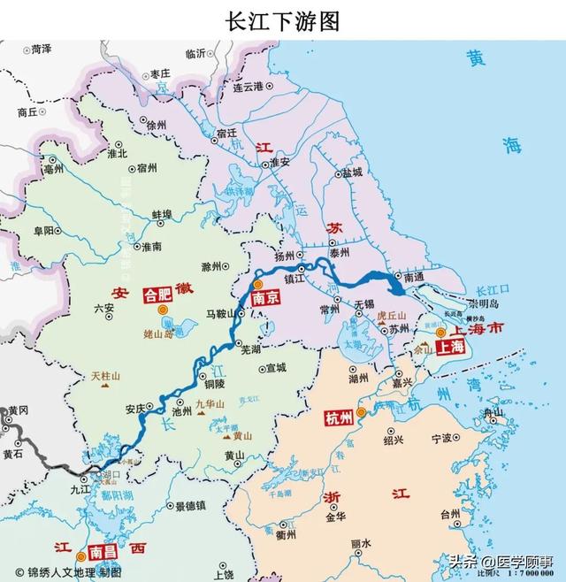 安徽,江苏,浙江,上海等四省一市,并在上海与最后一条支流黄浦江相遇