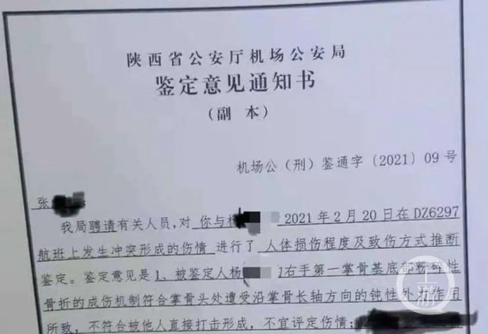 涉事飞行员张君(化名)向上游新闻记者提供的经过处理的伤情鉴定意见.