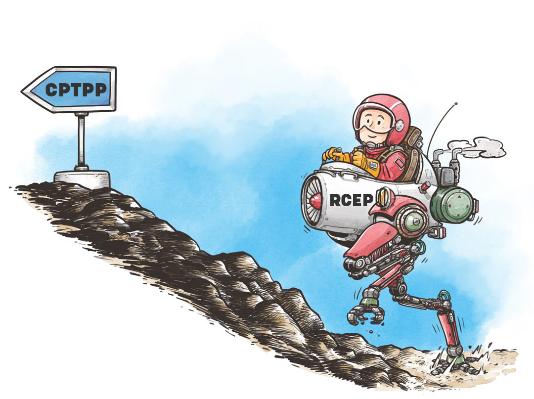 ▲中国推动《区域全面经济伙伴关系协定》生效，申请加入《全面与进步跨太平洋伙伴关系协定》和《数字经济伙伴关系协定》，在保护主义逆风中迈出区域合作新步伐。