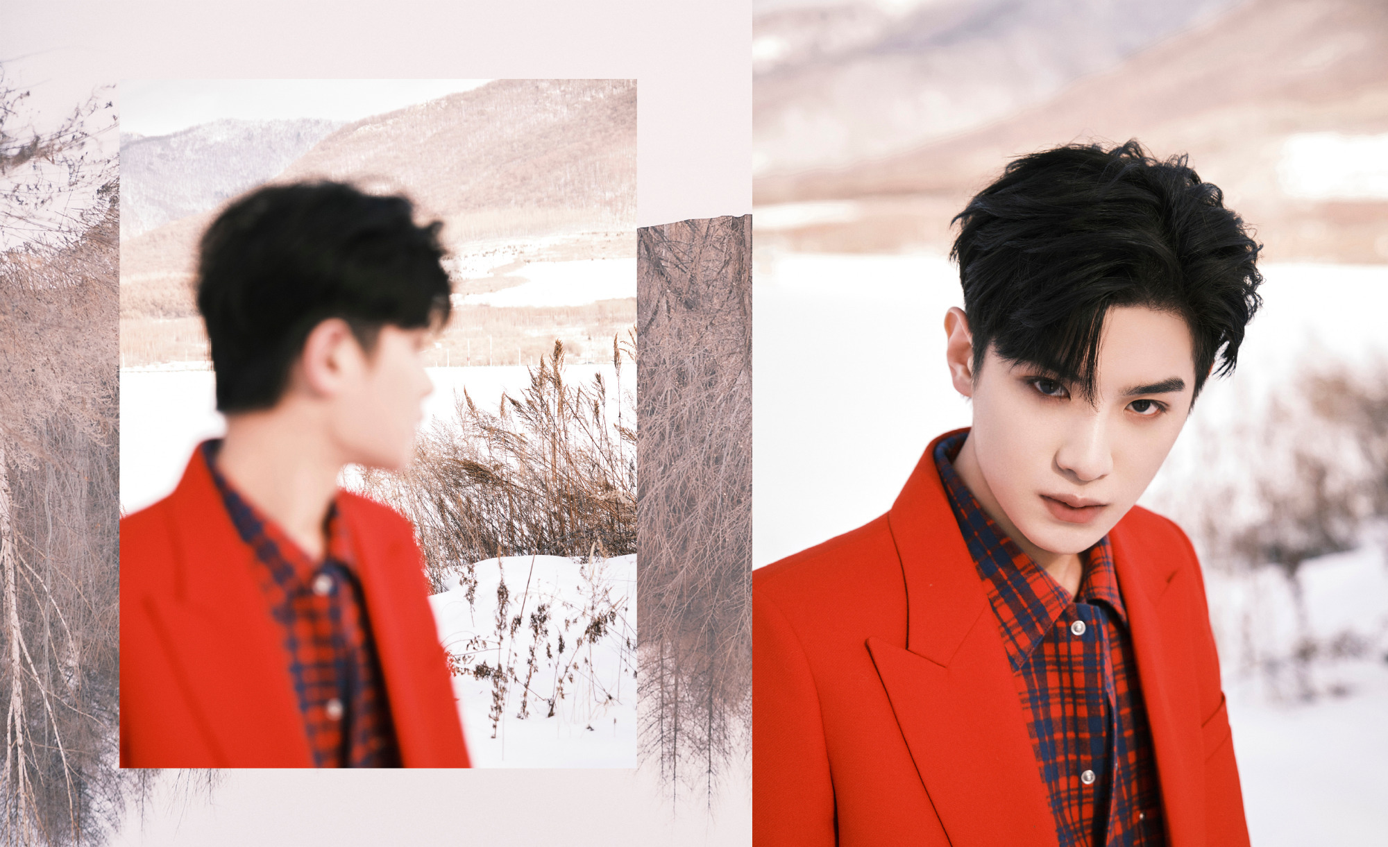 黄明昊造型雪地里帅气的小贾红衣造型精神喜庆