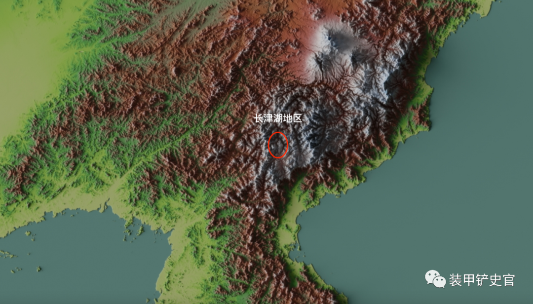如上图所示,朝鲜半岛山地密集,东北部尤甚,长津湖即位于红圈所示位置