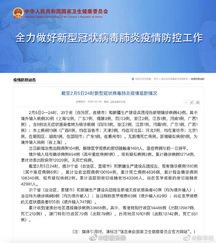 2月5日新增确诊病例43例2月5日新增13例本土病例休闲区蓝鸢梦想 - Www.slyday.coM