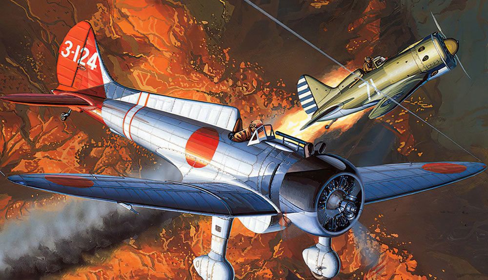 与中国空军伊-16战斗机缠斗的日本a5m战斗机.