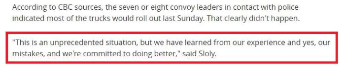 渥太华警方指出，这次示威活动是“前所未有”的情况，警方应对时犯了“错误”。图片来源：加拿大广播公司报道截图。