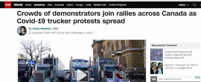  ▲6日的报道称，加拿大渥太华卡车司机示威发酵，更多示威者加入。图片来源：美国有线电视新闻网报道截图