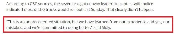  ▲渥太华警方指出，这次示威活动是“前所未有”的情况，警方应对时犯了“错误”。图片来源：加拿大广播公司报道截图