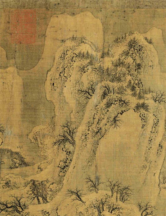 故宫博物院藏《雪江归棹图》全卷中央独行的渔父《雪江归棹图》卷末所