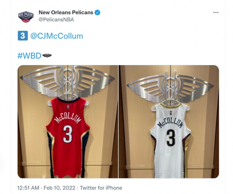 鹈鹕官宣麦科勒姆将继续穿3号球衣征战赛场