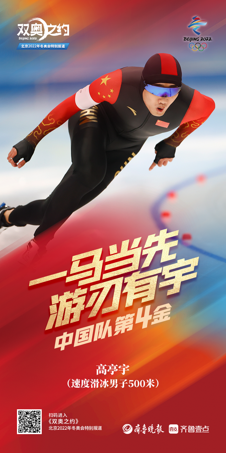 壹点海报丨高亭宇速度滑冰男子500米夺金,曾任开幕式旗手|速度滑冰