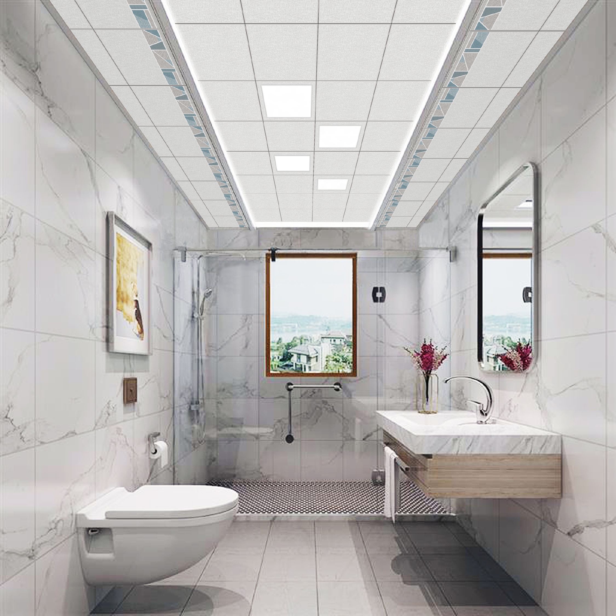 卫生间的天花板选择pvc扣板,铝扣板最合适,价格便宜,安装方便,关键不