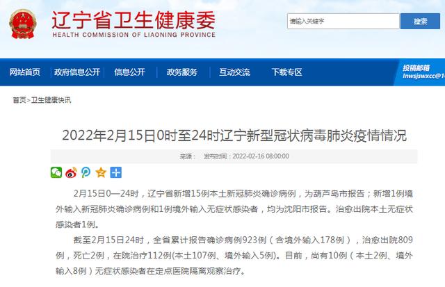 2月15日0时至24时，辽宁新增15例本土确诊病例！为葫芦岛市报告！辽宁疾控最新提醒休闲区蓝鸢梦想 - Www.slyday.coM