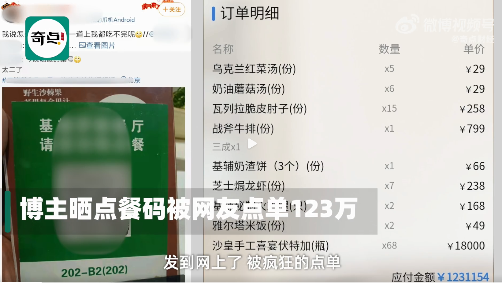 一博主晒点餐码被网友点单123万元，伏特加就被点了68瓶，引热议休闲区蓝鸢梦想 - Www.slyday.coM