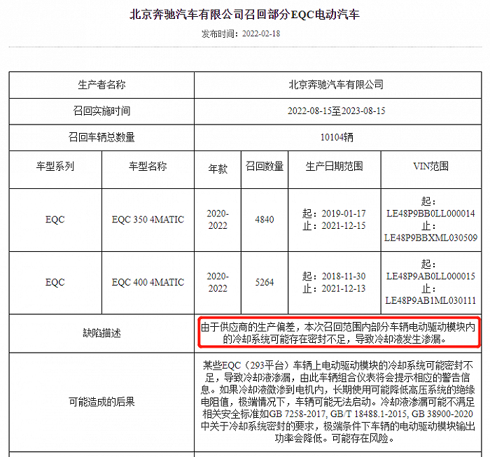 奔驰召回信息详情，截图自国家市场监督管理总局缺陷产品管理中心官网