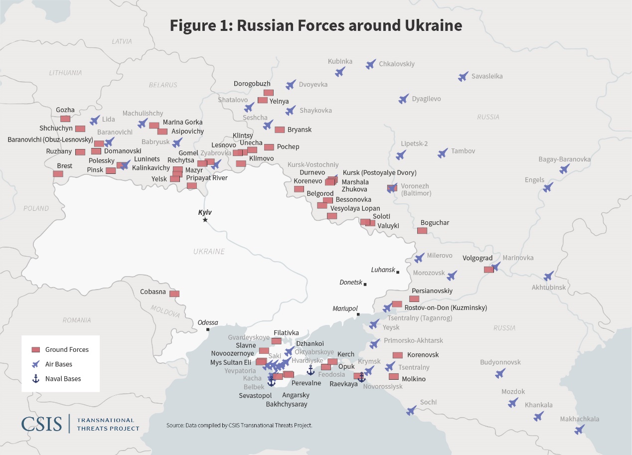 美国战略与国际问题研究中心（CSIS）制作的俄军对乌军事部署图。