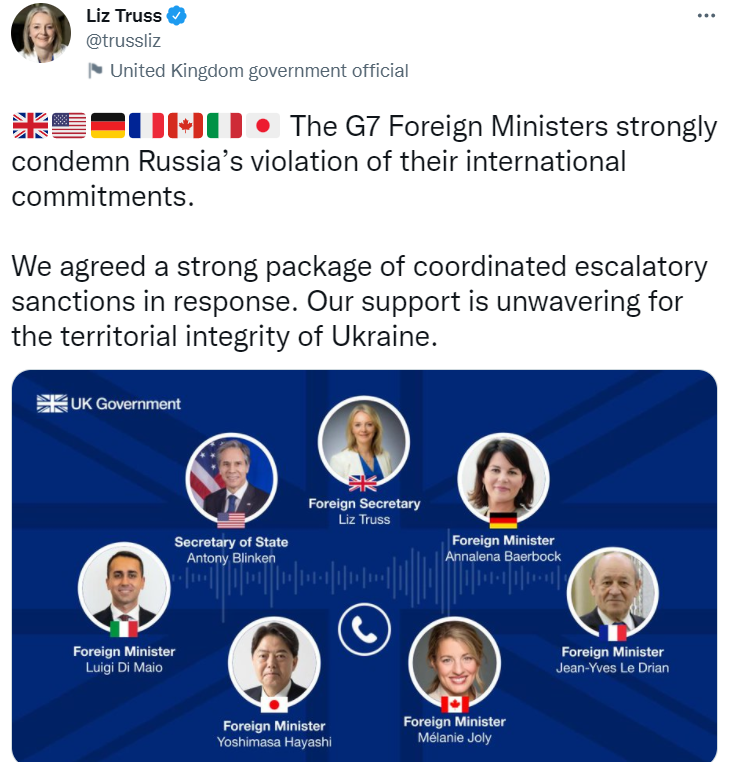 英国外交大臣七国集团已商定协调升级的强有力对俄制裁措施