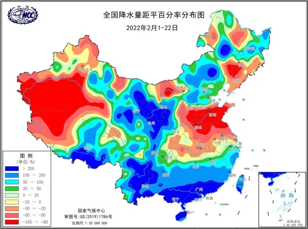 2022年2月1日至22日全国降水量距平百分率分布图(单位:%)