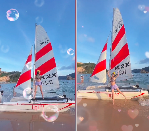 36岁蒋丽莎穿吊带海边跳舞超短裤炫出纤细嫩腿赤脚踩水好惬意