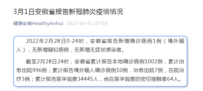 安徽省报告新增确诊病例1例境外输入