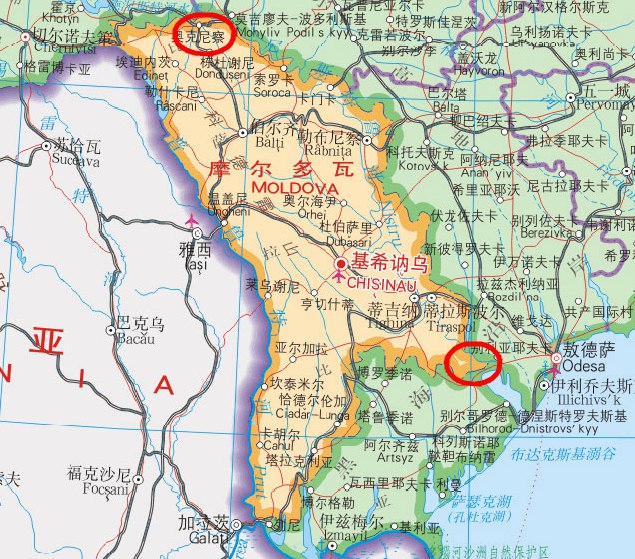摩尔多瓦南北两口岸(红圈处)所在位置