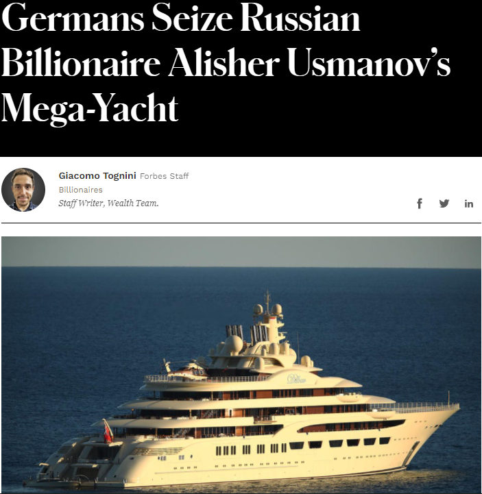 外媒：德国没收俄罗斯富豪一艘估值约38亿游艇
