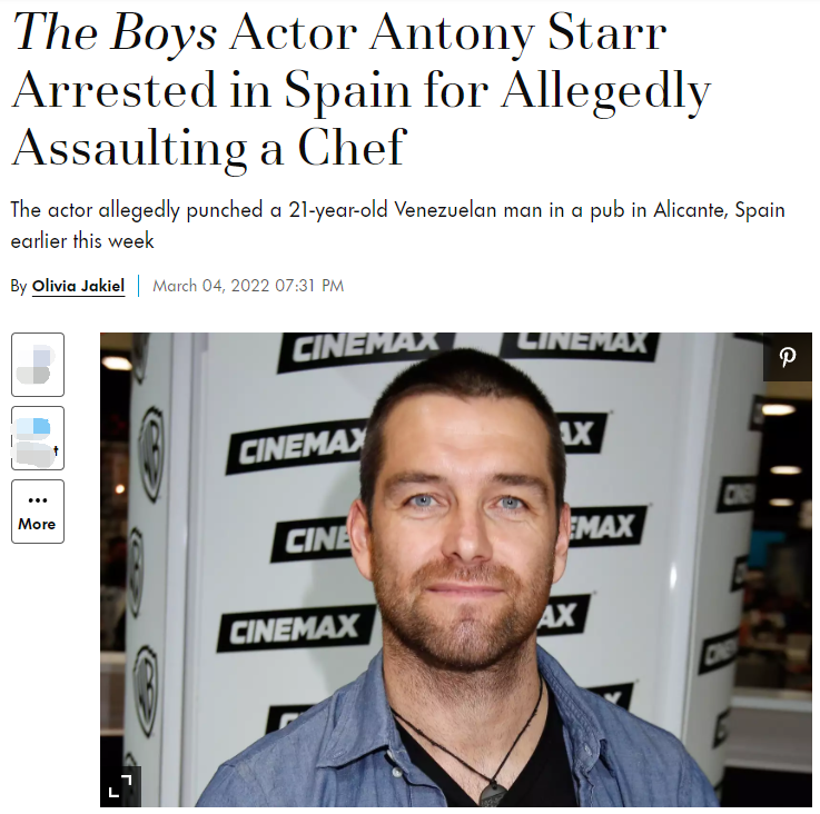 报道称,安东尼·斯塔尔本月在西班牙阿利坎特拍摄新戏,收工后进入一家