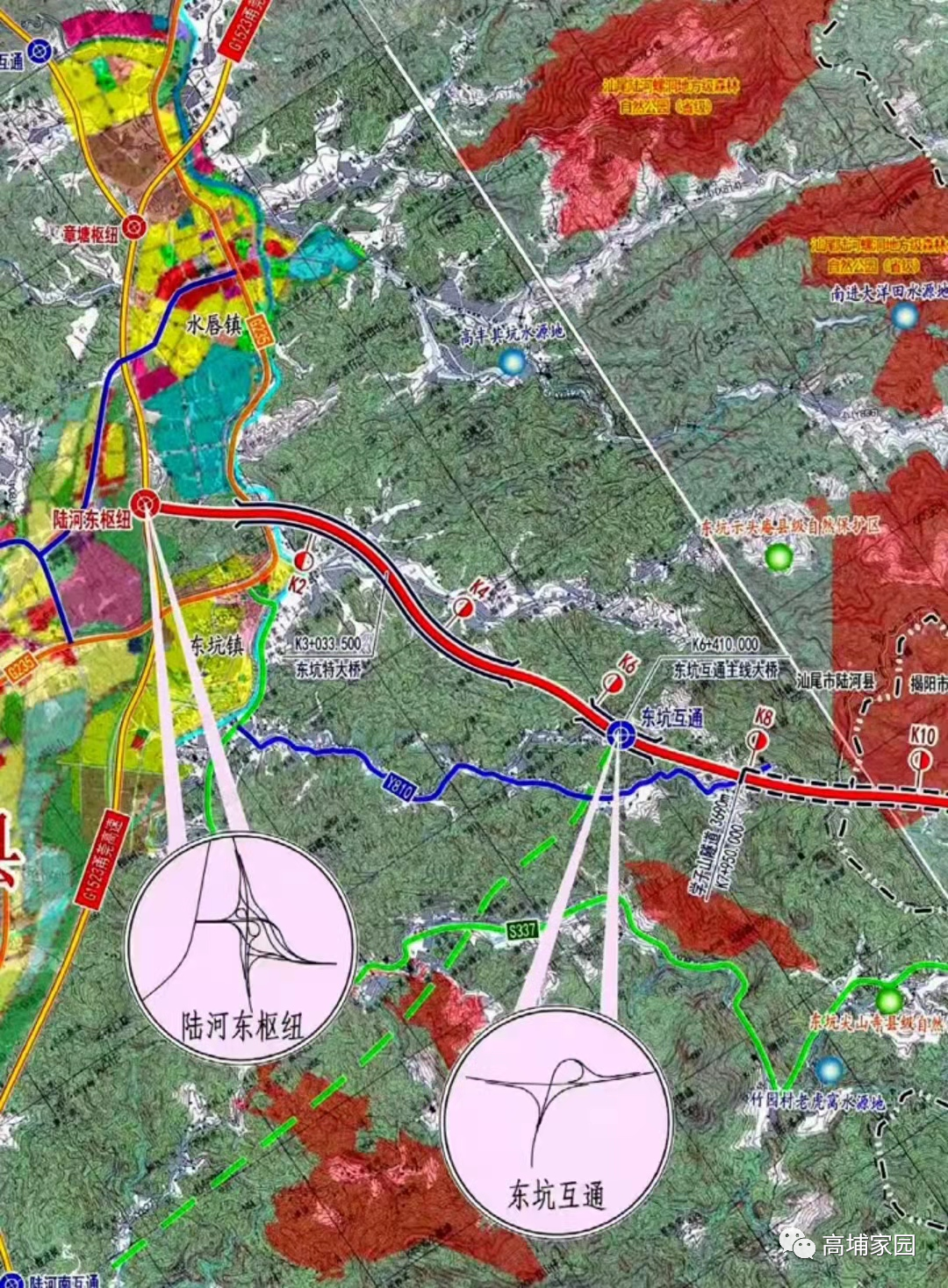 对现状陆河东互通改造为复合式枢纽互通,路线往南经水唇镇与 g235