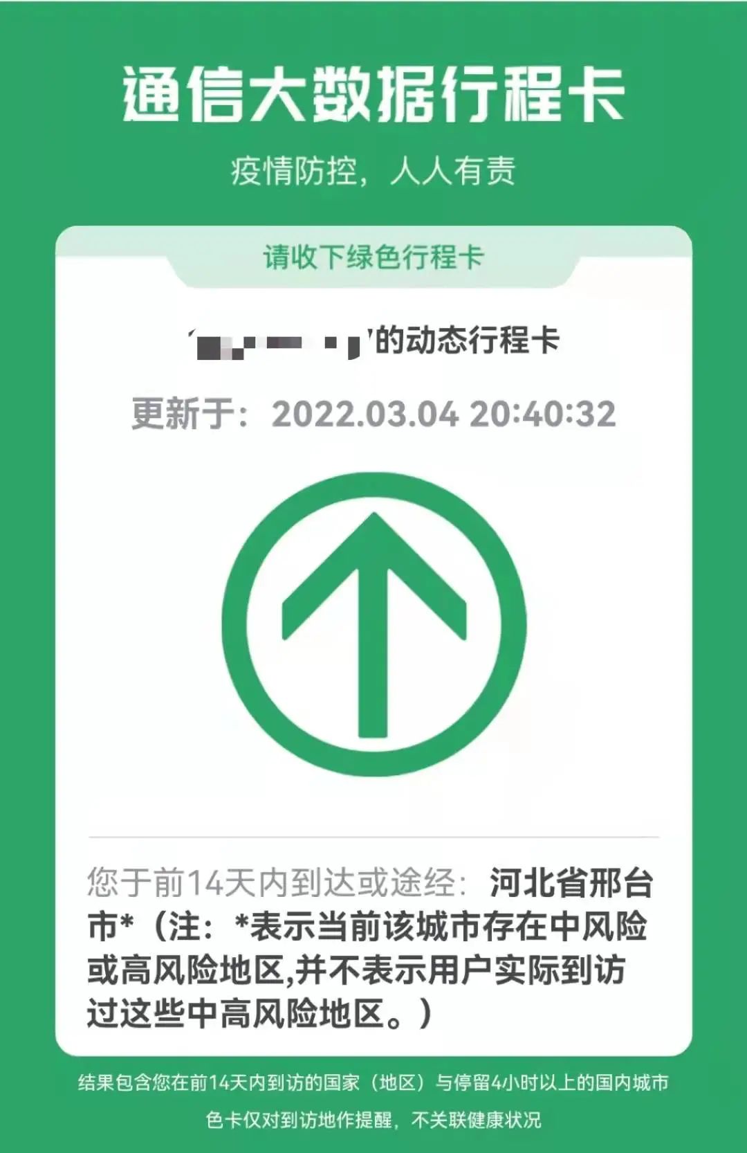 3月4日,有细心网友发现,"通信大数据行程卡"显示,河北省邢台市已带有