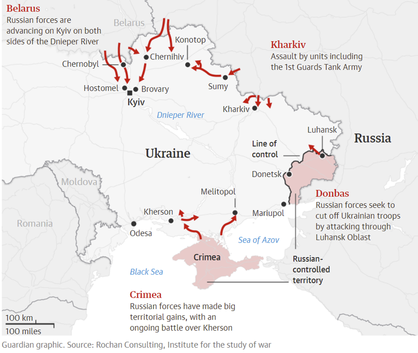 《卫报》参考独立防务资讯公司罗尚咨询（Rochan Consulting）数据整理的俄军进攻乌克兰示意图。
