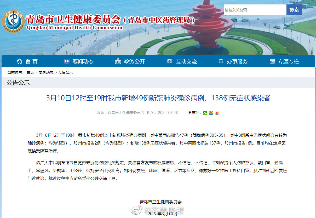 3月10日12时至19时青岛市新增49例新冠肺炎确诊病例、138例无症状感染者休闲区蓝鸢梦想 - Www.slyday.coM 3月10日12时至19时青岛市新增49例新冠肺炎确诊病例、138例无症状感染者休闲区蓝鸢梦想 - Www.slyday.coM