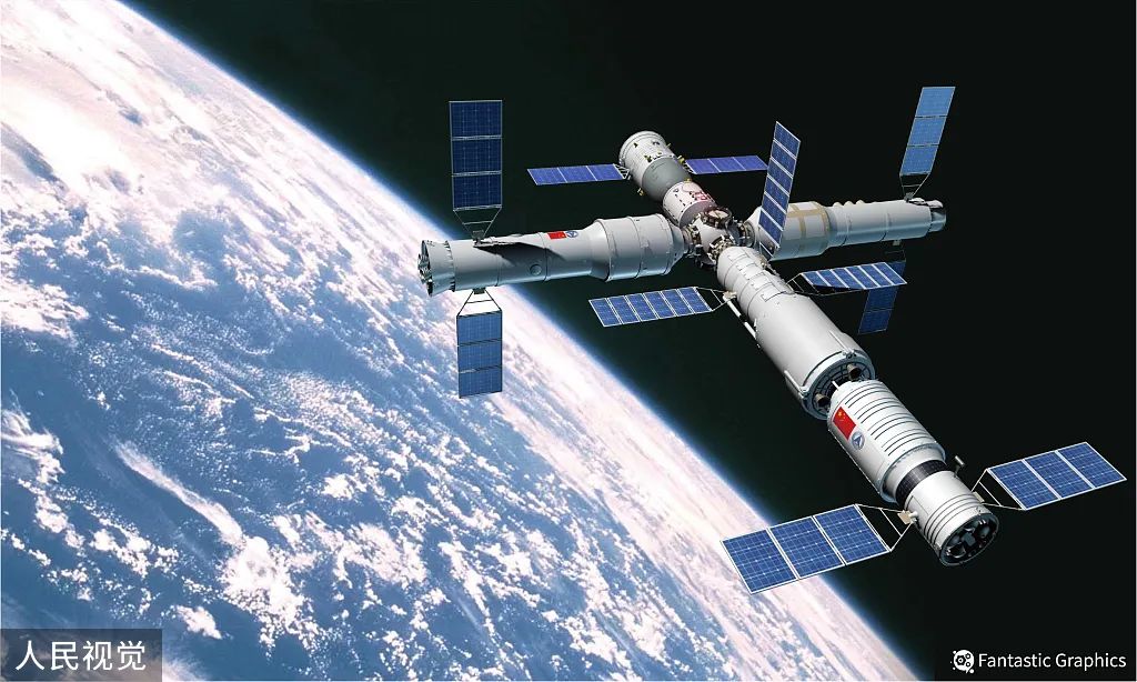 中国空间站在轨运行效果图