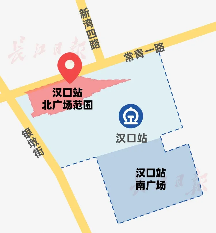 将与现已投入使用的汉口火车站南广场遥相呼应,总体布局分为"一核两区