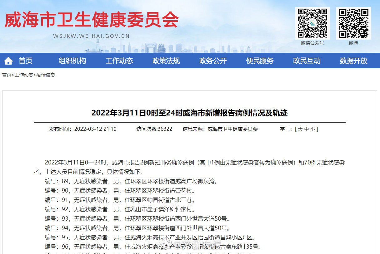 2022年3月11日0时至24时威海市新增报告病例情况及轨迹|无症状感染者