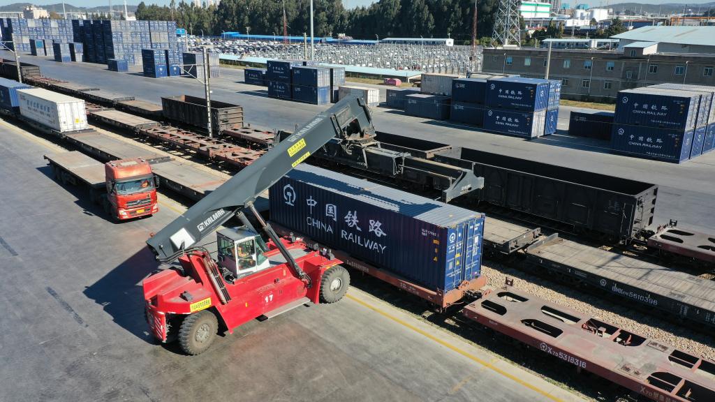 中老铁路国际货物列车正在装卸货物.