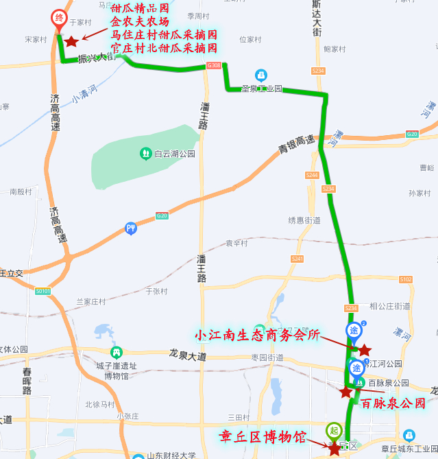 6公里线路总程章丘区博物馆—百脉泉景区—高官寨街道甜瓜采摘旅游
