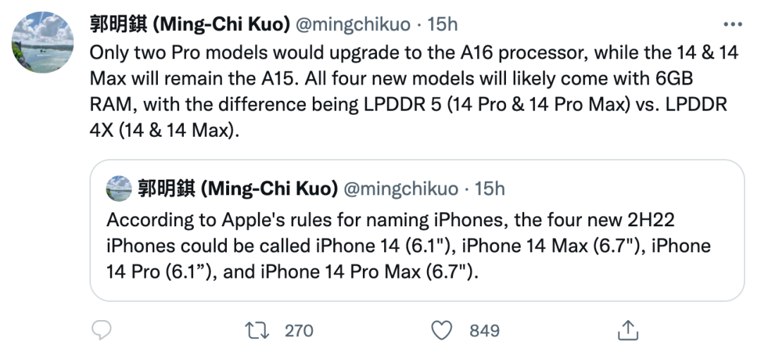 【苹果】全系6GB iPhone14系列4款曝光 A16只有Pro/Max才用？休闲区蓝鸢梦想 - Www.slyday.coM