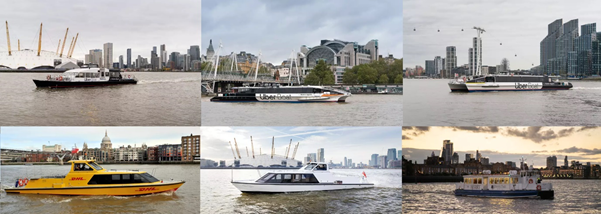 2022年採用的6種船型，天空、星星、風暴為小型快艇（Hydrocat「水貓」）；「河流跑手」為最主要的船型，包括極光、旋風、颶風、流星、季風、月亮、太陽、龍捲風、颱風；與「跑手」相仿的「狩形」有銀河、木星、水星、海王星、金星。其他船型有彗星、獵户座和雙星。船舶愛好者對它們的形制如數家珍。圖片來源：河流巴士官網