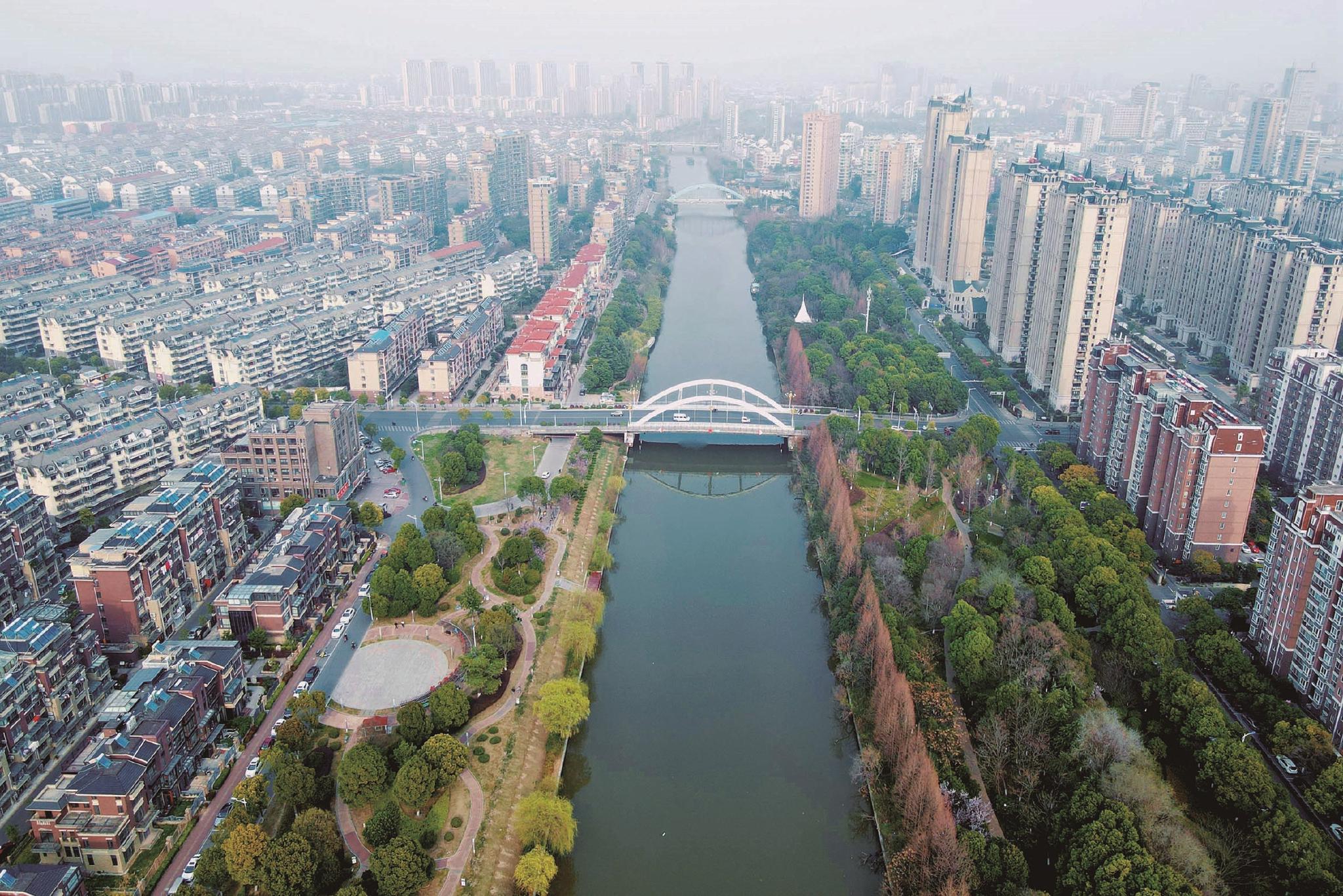 如皋市境内如泰运河两岸绿意盎然